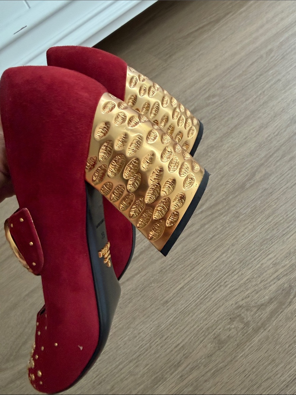 Prada Red Suede Mary Jane Heels with Gold Studs and Sculpted Heel - Picture 8 of 13